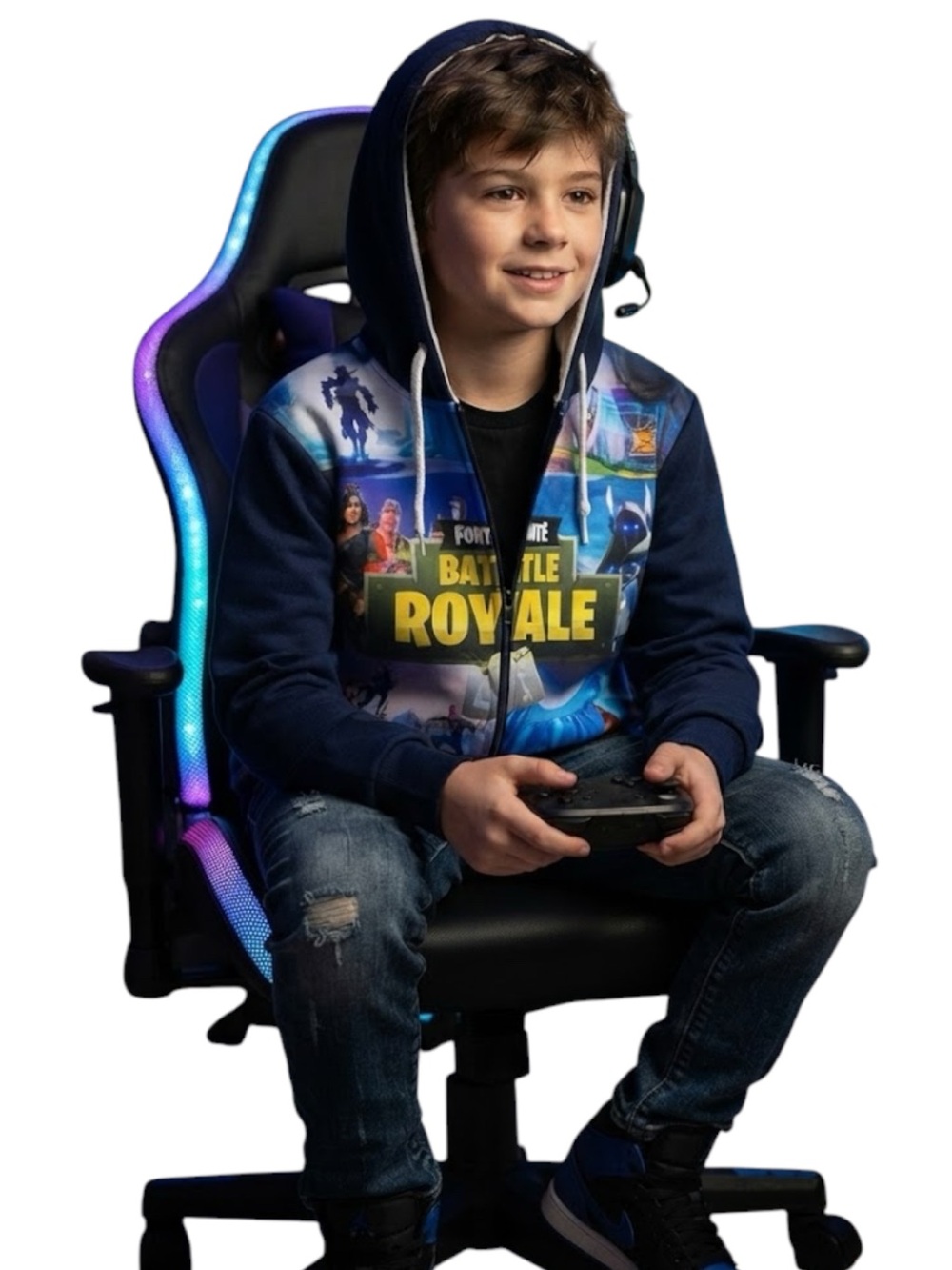 FORTNITE Retro Indiesleaze Battle Royale Navy Blue Zip-Front Hoodie Boy Size 12Y